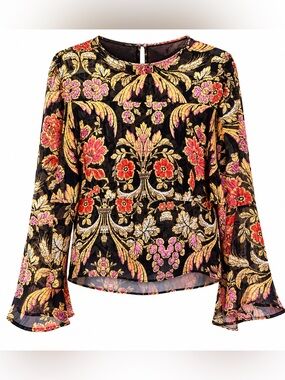 Belle Sky Sheer Floral Boho Bell Sleeve Blouse Top Size Large